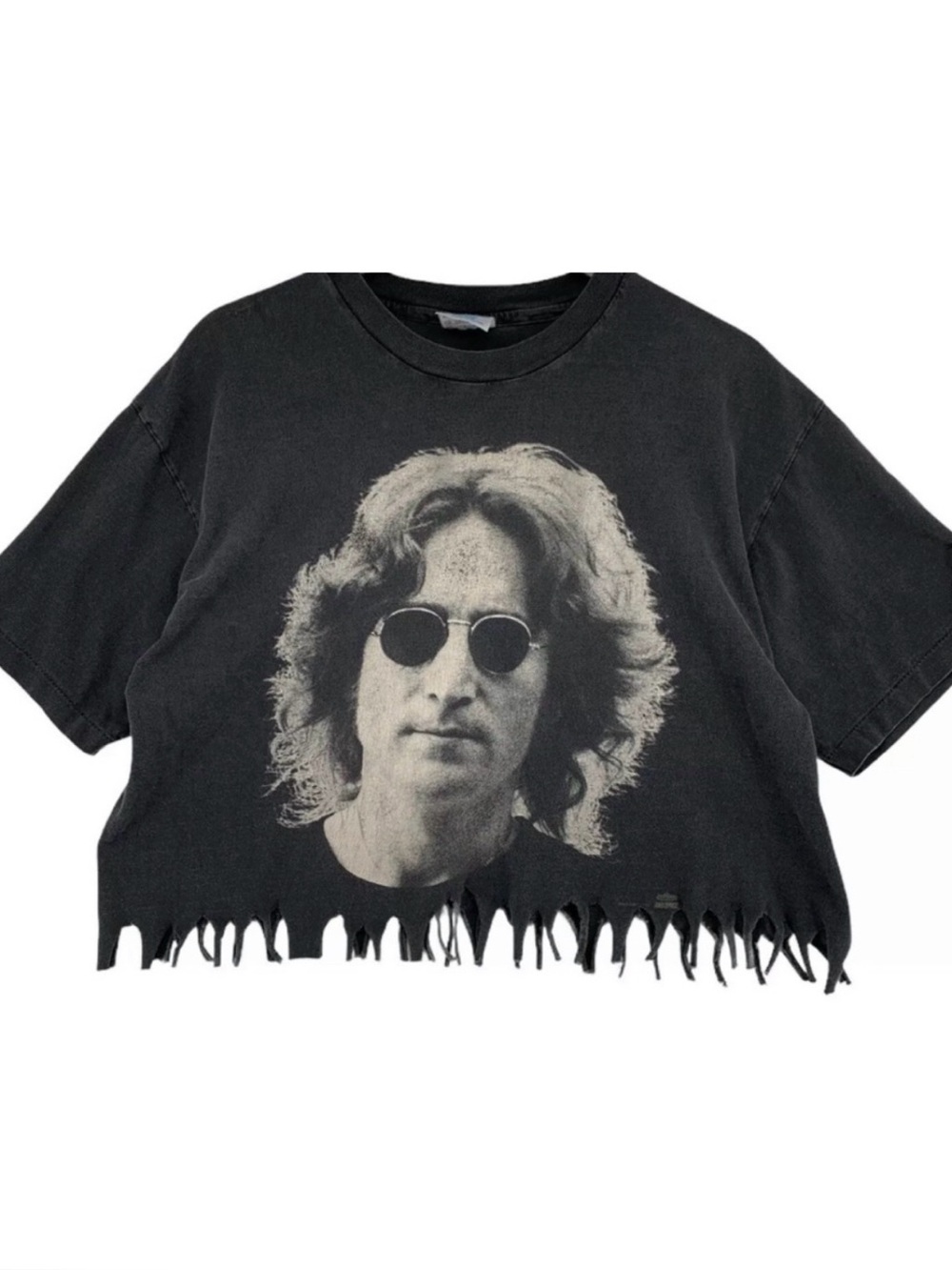 JOHN LENNON Black Cropped Tee with Fringe Vintage Rock